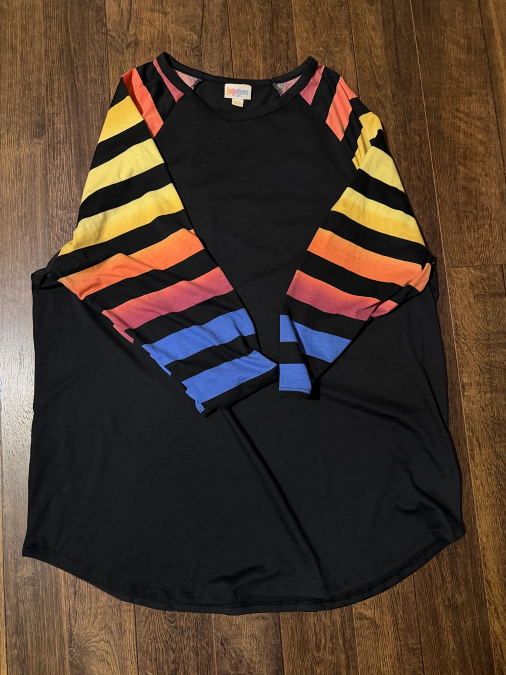 LuLaRoe Black Top with Rainbow Stripe Sleeves
